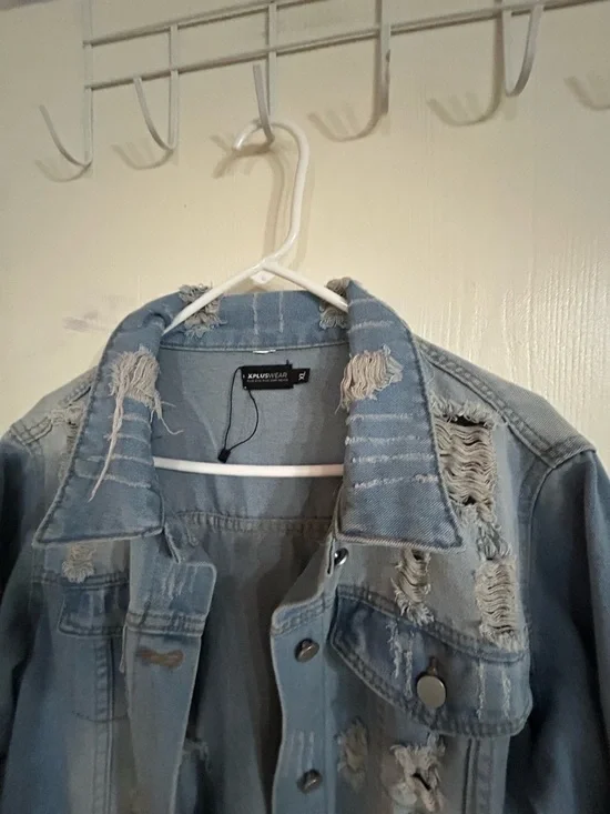 Long Distressed Denim Jacket Dress - Light Blue - Picture 8 of 9